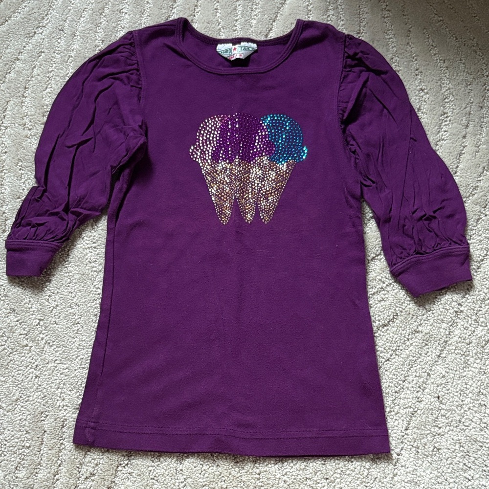 Vintage Kids Hard Tail 3/4 Puff Sleeve Shirt Rhinestone Ice Cream sz S 7 8